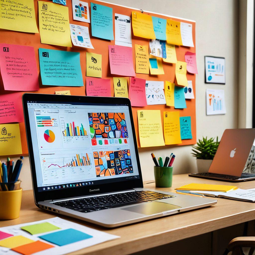 A creative workspace with an open laptop displaying vibrant content and social media interactions, surrounded by sticky notes and colorful markers. Incorporate elements like graphs and charts to symbolize insights and engagement, alongside a diverse group of people brainstorming together, emphasizing community and collaboration. Warm, inviting colors to evoke creativity and connection. super-realistic. vibrant colors. 3D.