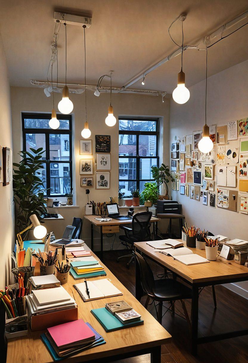 A vibrant workspace filled with colorful notebooks, sketchpads, and art supplies, with a light bulb symbolizing creativity above. Show diverse individuals collaborating, brainstorming ideas, with digital devices displaying various blog designs in a bright and inspiring environment. Soft, warm lighting accents the scene to enhance a sense of creativity and community. super-realistic. vibrant colors. white background.