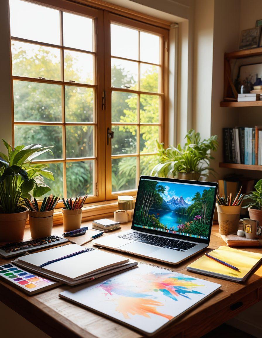 A vibrant, imaginative workspace filled with art supplies, a laptop showcasing a blog interface, colorful notebooks, and sketches. Include a warm light streaming in through a window, plants in the background, and a steaming cup of coffee on the desk. This scene symbolizes exploration and creativity. super-realistic. vibrant colors. cozy atmosphere.